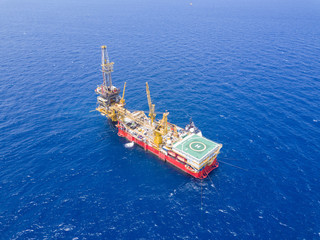 Aerial View of Tender Drilling Oil Rig (Barge Oil Rig) in The Middle of The Ocean