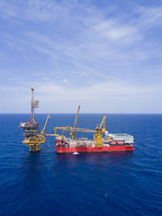 Aerial View of Tender Drilling Oil Rig (Barge Oil Rig) in The Middle of The Ocean