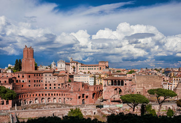 Trajan and Augustus Imperial Forum panoramic view in Rome