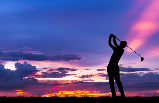 silhouette golfer playing golf during beautiful sunset