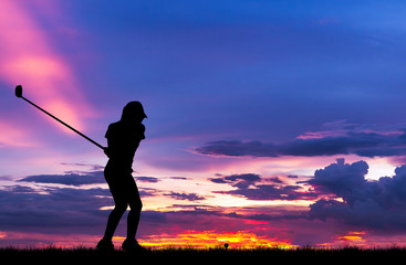 silhouette golfer playing golf during beautiful sunset
