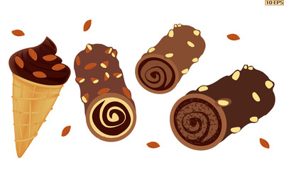 Classic ice cream. Chocolate ice cream. Sundae bowl and Ice cream balls with chocolate. Dessert. Ice caramel cream drizzled with chocolate. Vector illustration.