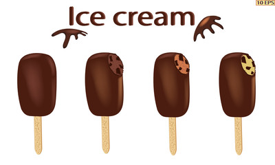 Classic Ice cream on a stick. Vector ice cream. Sundae. Chocolate ice cream. Sundae drizzled with chocolate. Dessert. The ice cream in chocolate with nuts. Sundae caramel. Vector illustration.