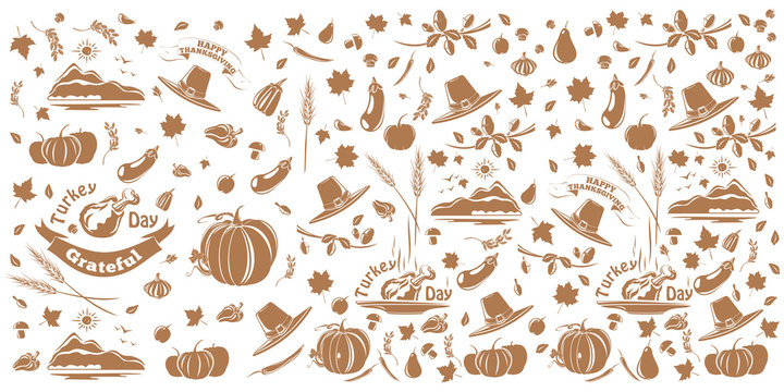 Thanksgiving and autumn pattern. Background consisting of repeating elements for the fall and Thanksgiving theme. Vector illustration