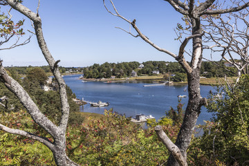 aerial view to the lakes around Gloucester with boats at the shore