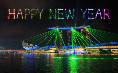 Happy new year firework Sparkle with Singapore city at night with laser show in marina bay water front