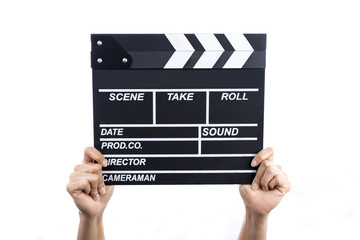 woman hold movie clapper on isolated and white background; film, cinema and vedio photography...
