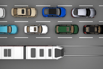 background of traffic of cars and train on rail from top view