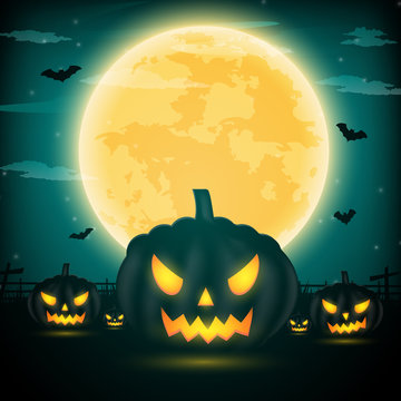 Halloween night background with pumpkin, naked trees, bat and full moon with dark background.