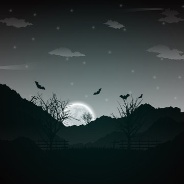 Halloween night background with naked trees, bat and full moon on dark background