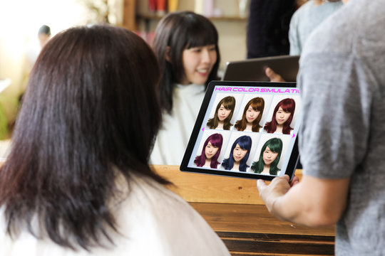 Hair color simulation system concept. Technological scene of hair salon.