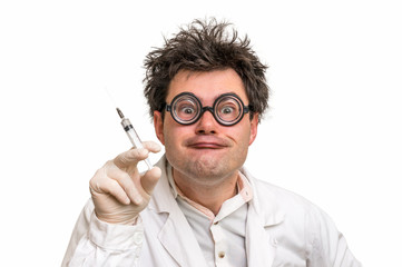 Crazy doctor performing experiments isolated on white - obrazy, fototapety, plakaty