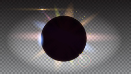 Solar eclipse, astronomical phenomenon - full sun eclipse. Space background isolated on transparent Blurred light rays and lens flare backdrop. Star burst with sparkles