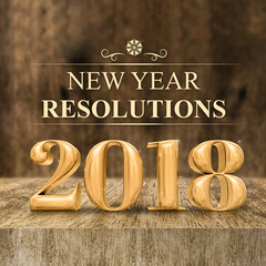 Gold shiny 2018 new year resolutions (3d rendering) at wooden block table and blur wood wall,Holiday greeting card,Mock up for display of your design or content for social media.