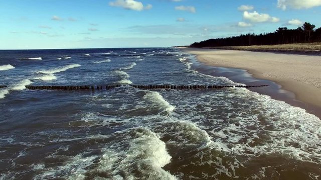 Aerial of Sea Waves And Sandy Beach On Hel Peninsula