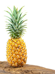 fresh pineapple on natural grunge wood pallet, "tropical summer" concept, selective focus on white background with copy space