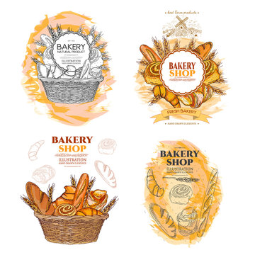 Bakery bread and rolls in wicker basket collection fresh pastries templates hand drawn vector