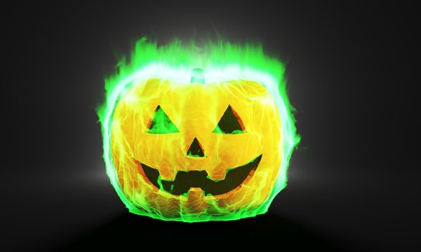 3D render. Burning green flame pumpkin for Halloween isolated on dark background
