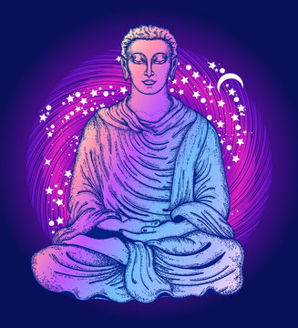 Buddha tattoo and t-shirt design. Buddha in a lotus pose. Meditation symbol, yoga, spirituality, religious. Golden Buddha under the magic tree in rays of light. Buddhism art, t-shirt design