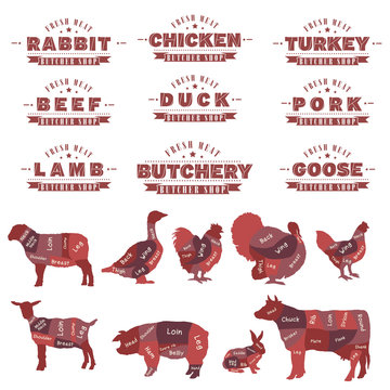 Meat label big collection. Butcher shop. Cow, rabbit, sheep, pig, goat, goose, duck, turkey, diagrams meat vector. Farm animals silhouette