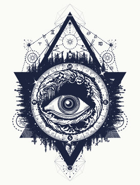 All seeing eye tattoo, tourism in a mystical style vector. Eye of the storm art t-shirt design. Alchemy, spirituality, religion, occultism, esoteric tattoo art
