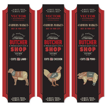 Butcher shop banner. Butcher shop, meat chicken, pork, lamb, vector dark black banners