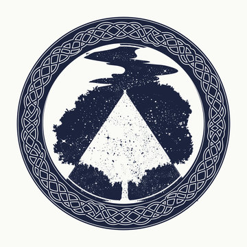 Magic tree tattoo and t-shirt design. Tree of Life tattoo art, symbol of life and death. Star river. Mystic sign of immortality of the human soul. Symbols of psychology, symmetry, philosophy, poetry