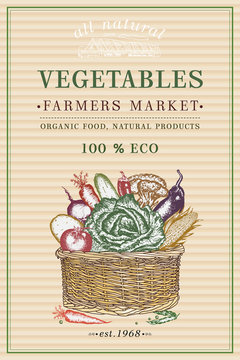 Vegetables poster. Fresh vegetable in basket vintage poster. Eco food. Vegetables vintage frame