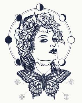 Magic woman and butterfly tattoo and t-shirt design. Art nouveau woman tattoo and t-shirt design. Symbol of a retro, queen, princess, lady. Glamourous vintage art nouveau woman tattoo. Noir woman
