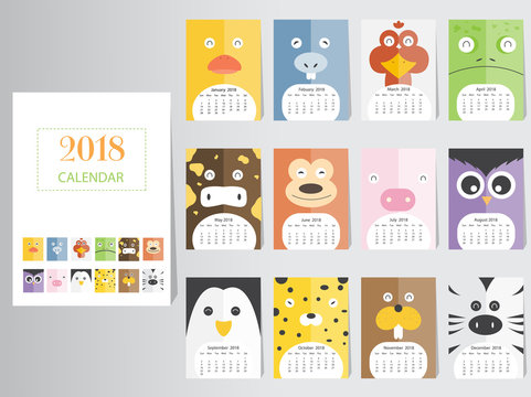Funny animal calendar 2018 design,The year of the dog monthly cards templates,Set of 12 month,Monthly kids,Vector illustrations
