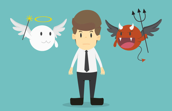 Businessman with angel and devil on his shoulders.Cartoon of business success is the concept of the man characters business, the mood of people, can be used as a background, banner.vector illustration