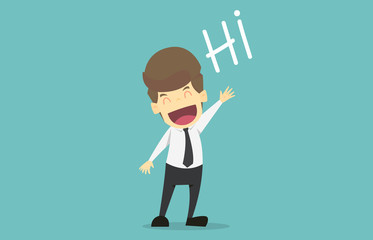 Businessman is motion say hi.Cartoon of business success is the concept of the man characters business, the mood of people, can be used as a background, banner, infographics. vector illustration
