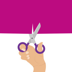 A hand with scissors cuts the fabric. Hands hold scissors.