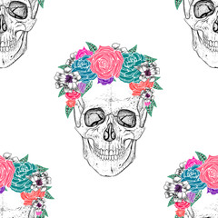 Skull and flowers. Seamless pattern.