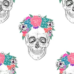 Papier peint Crâne humain en fleurs Crâne et fleurs. Modèle sans couture.