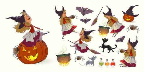 Set of illustrations for Halloween. Young funny witch, pot with potion, broom, pumpkin, spider, cat, mouse, rat, bat, witch's hat, poison. Trick or treat. Collection of characters for Halloween Vector