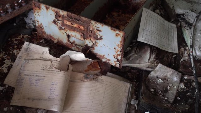 Chernobyl zone, Ukraine - 18th of June 2017: Visit to Duga radars (Soviet over-the-horizon radar system)- 4K Log sheets with entries of Duga radar station