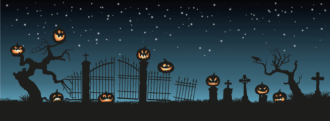 Fototapeta premium Holiday Halloween. Black silhouettes of pumpkins on the cemetery on night sky background. Graveyard and broken trees