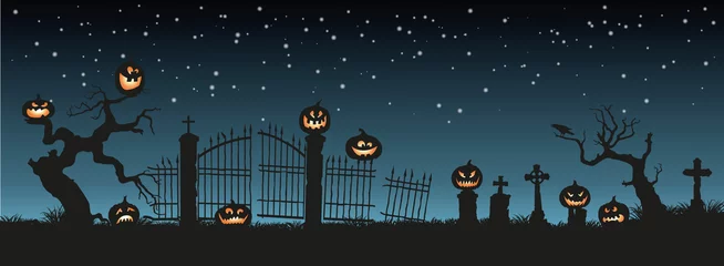 Foto op Aluminium Vakantie Halloween. Zwarte silhouetten van pompoenen op de begraafplaats op de nachtelijke hemelachtergrond. Kerkhof en gebroken bomen © shaineast