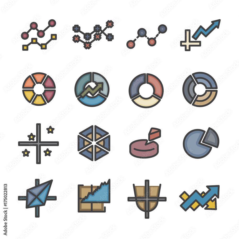 Aufkleber graph infographic data analysis line icon set vector