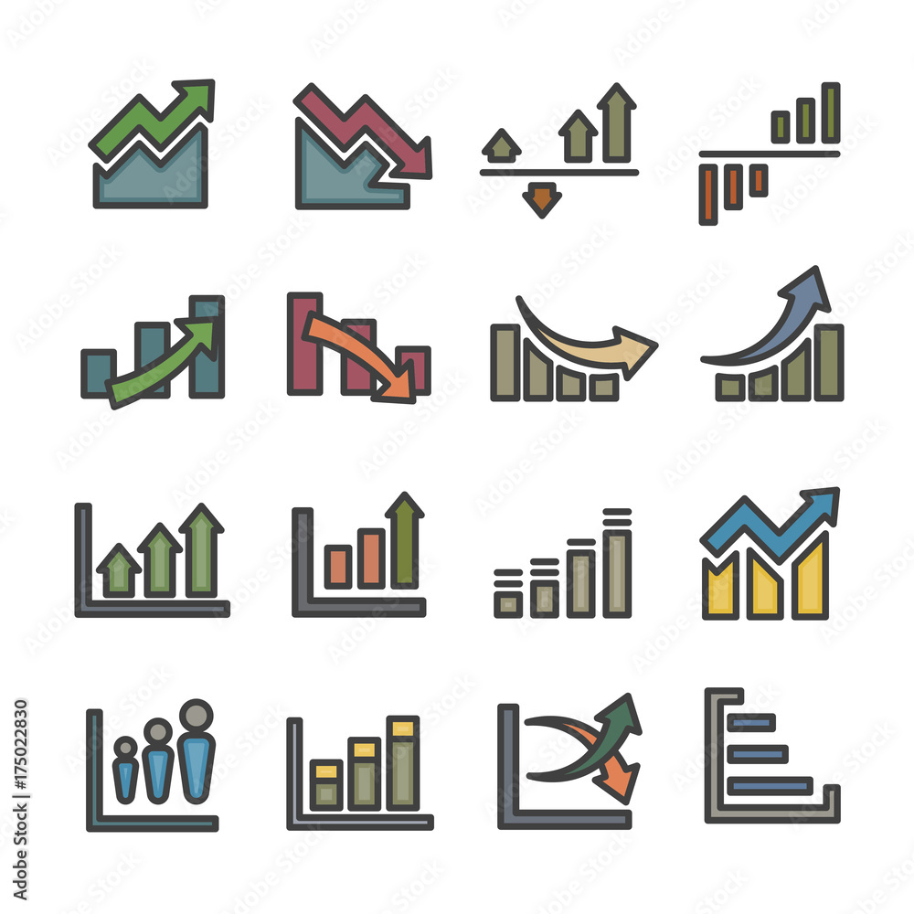 Aufkleber graph infographic data analysis line icon set vector