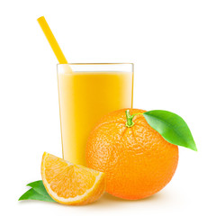 Isolated drink. Glass of orange juice and slices of orange fruit isolated on white background