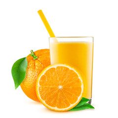 Isolated drink. Glass of orange juice and slices of orange fruit isolated on white background