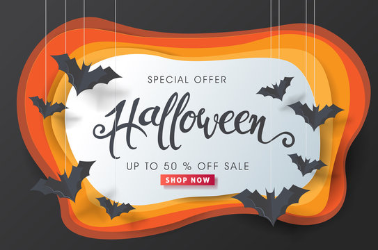 Happy Halloween Calligraphy With Paper Bats Flying. Banners Party Invitation.Vector Illustration.