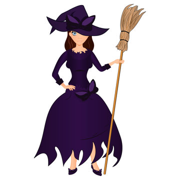Halloween holiday. Cute girl witch with a broom