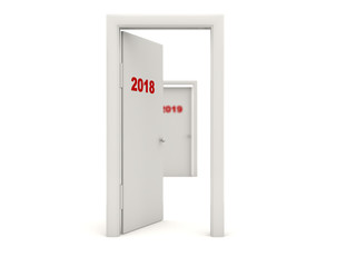 Door with 2018 New Year sign isolated on white
