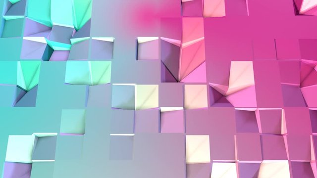 Abstract simple blue pink low poly 3D surface as trendy background. Soft geometric low poly motion background of shifting pure blue pink polygons. 4K Fullhd seamless loop background with copy space
