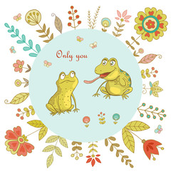 Vintage frame for your design with cute frogs and flowers