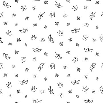 Hand drawn minimalistic black and white pattern, cute pop fashion elements
