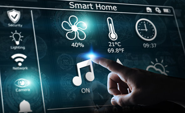 Businessman using smart home digital interface 3D rendering